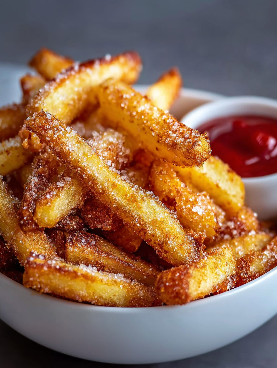 A bowl of crispy air fryer apple fries.