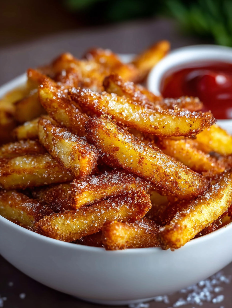 A bowl of crispy air fryer apple fries.