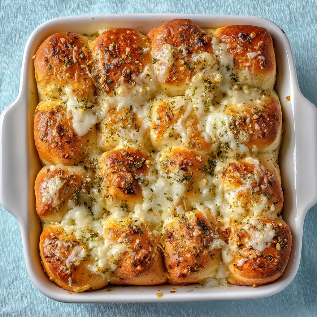 A white bowl filled with cheesy Hawaiian garlic rolls.