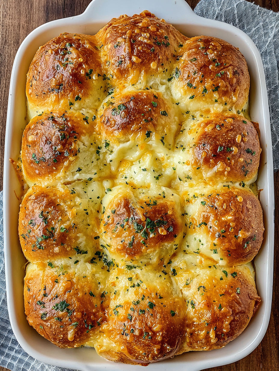 A white bowl filled with cheesy Hawaiian garlic rolls.