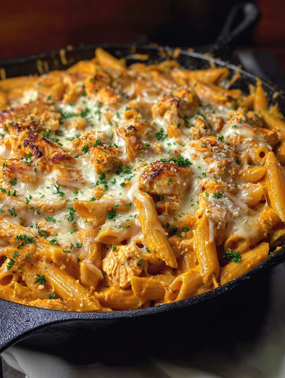 A skillet full of pasta and chicken.