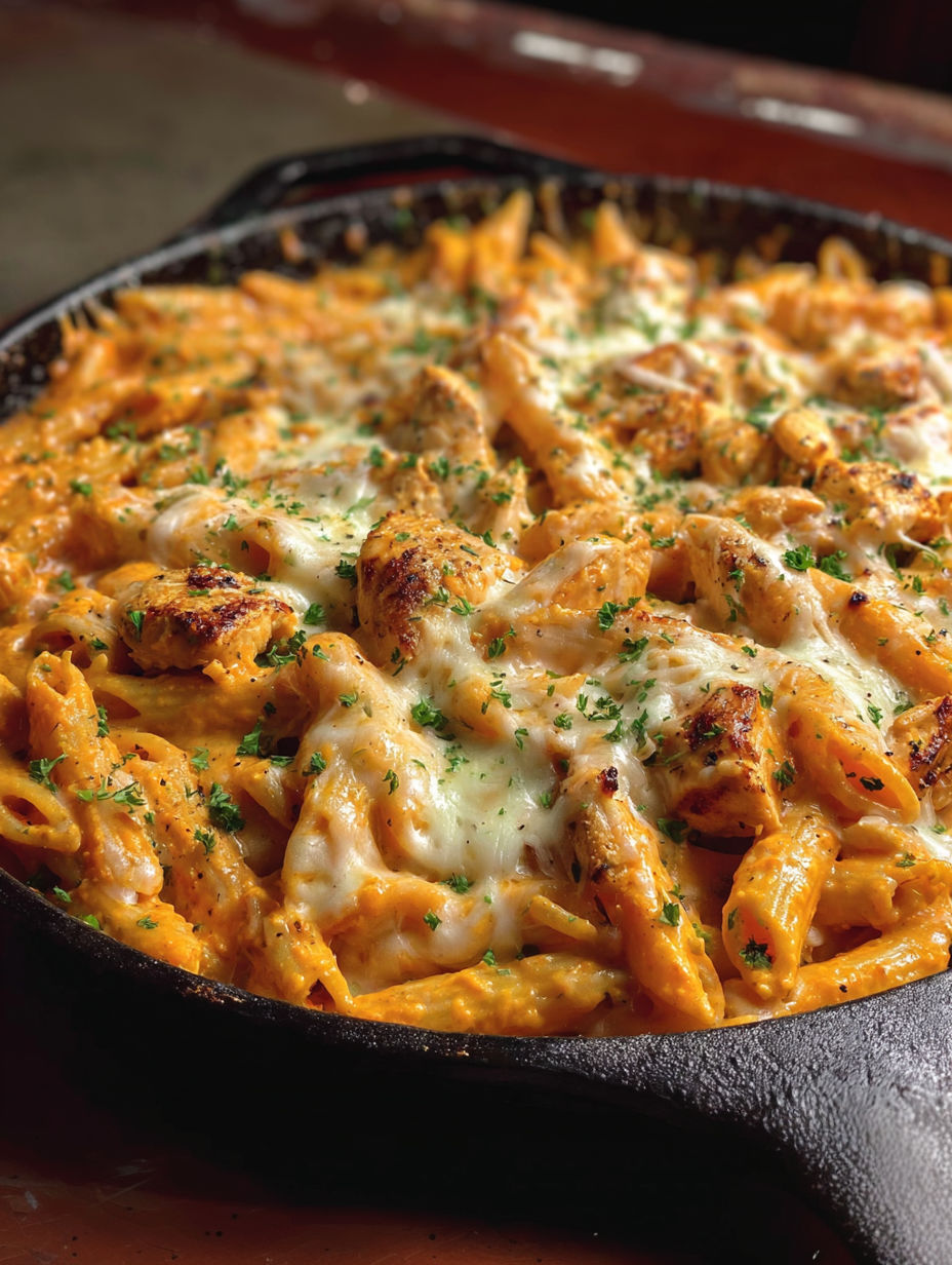 A skillet of pasta with cheese and chicken.