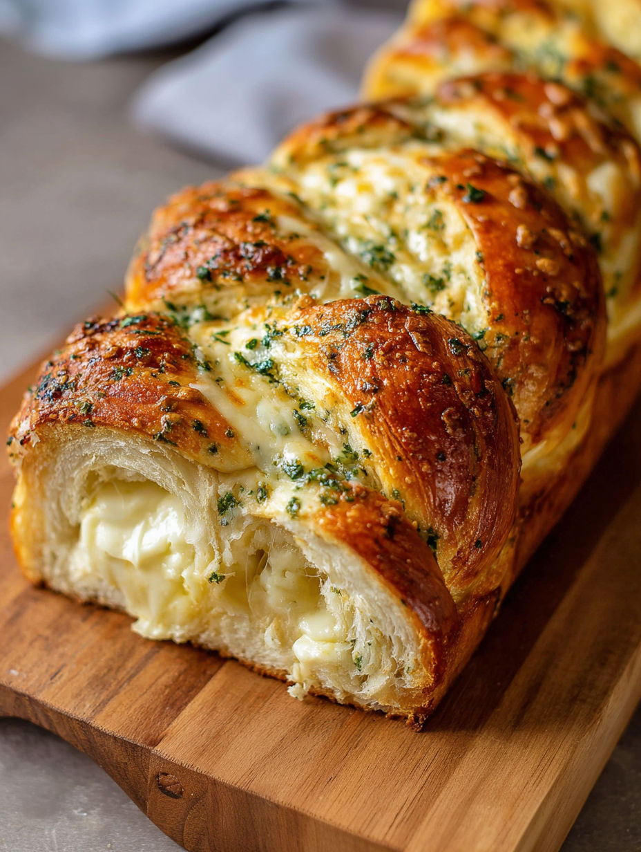 A swirled garlic herb cheese bread.