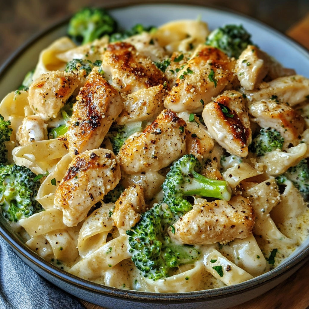 A bowl of Cajun Chicken Broccoli Alfredo.