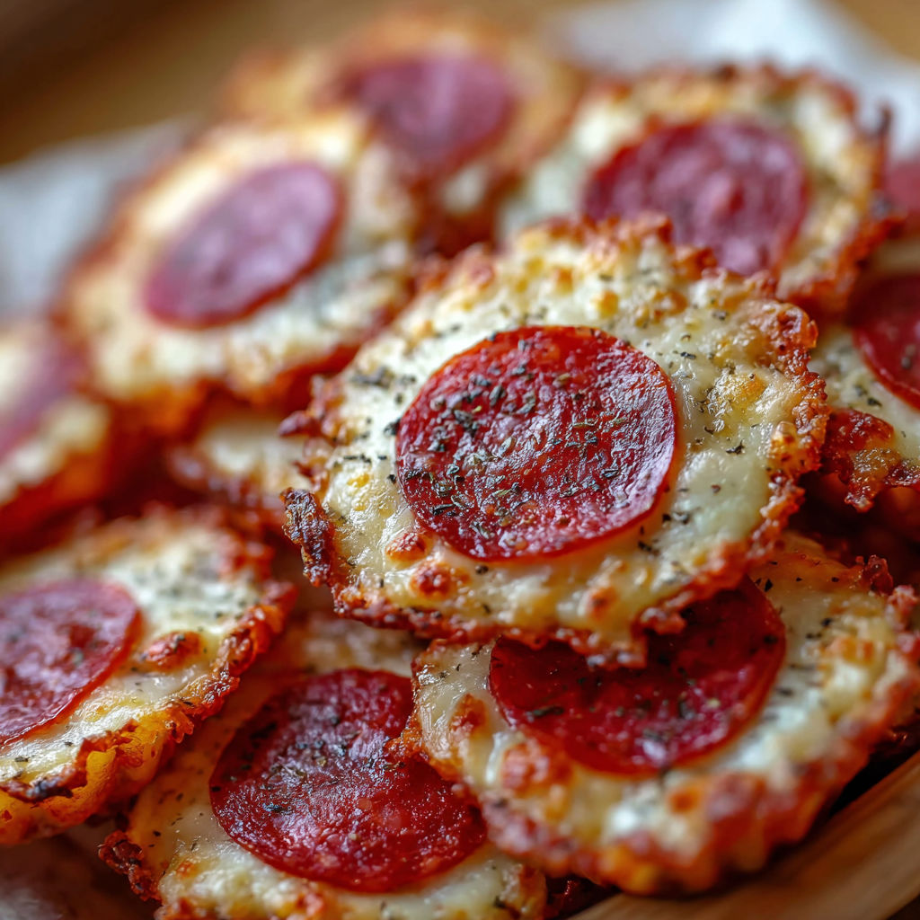 A pile of mini pepperoni cheese chips.