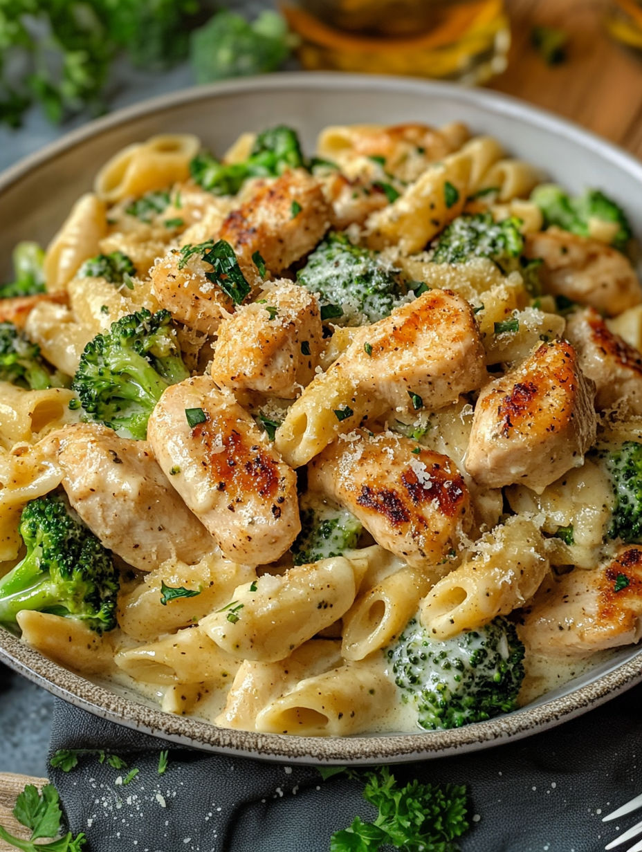 A plate of Cajun Chicken Broccoli Alfredo.