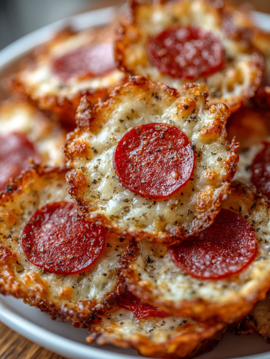 A plate of mini pepperoni cheese chips.