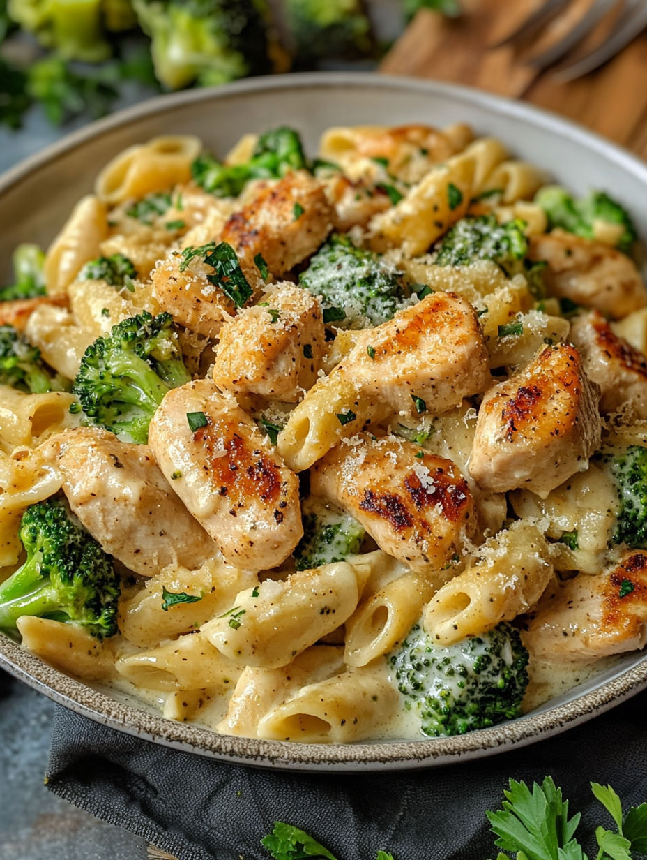 A plate of Cajun Chicken Broccoli Alfredo.