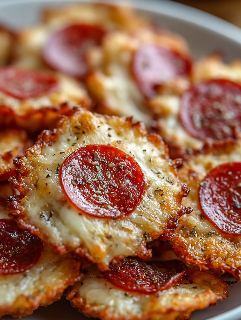 A plate of mini pepperoni cheese chips.