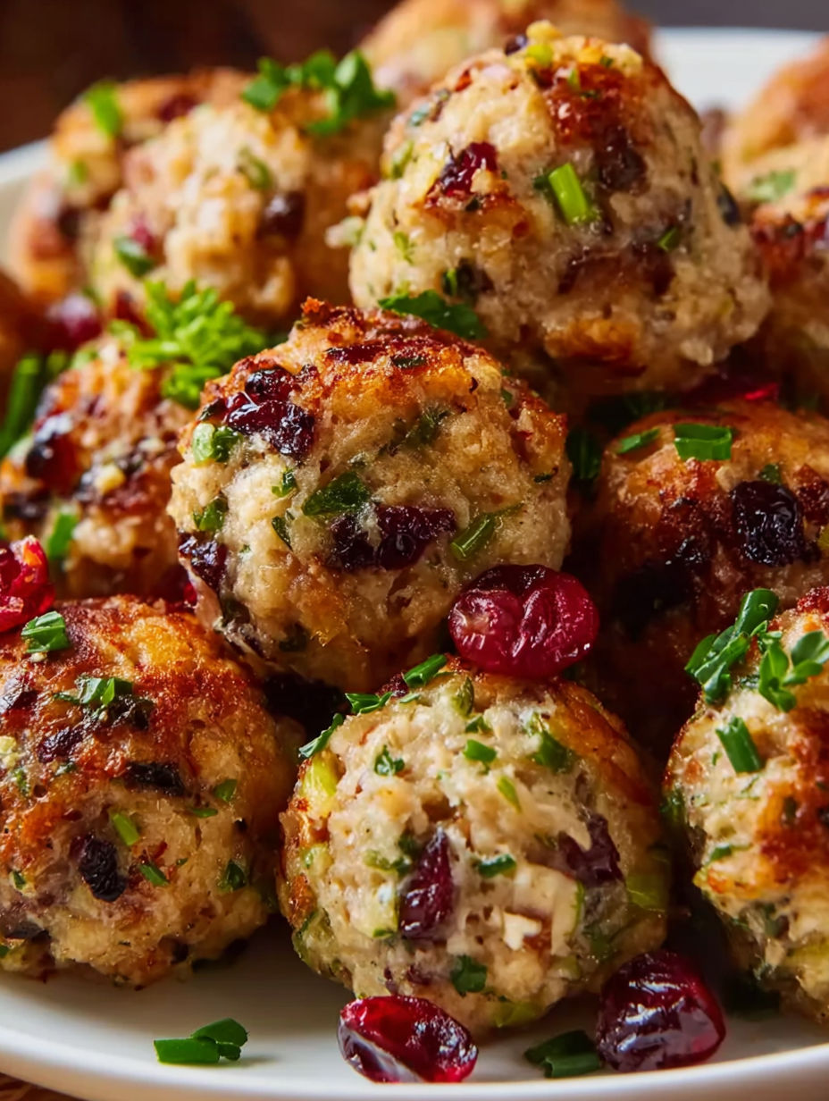 Turkey and stuffing meatballs on a plate.