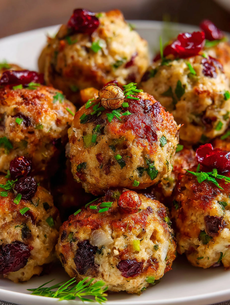 Turkey and stuffing meatballs on a plate.