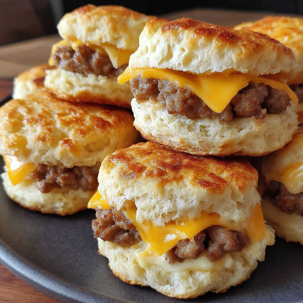 A stack of fluffy biscuits with sausage.
