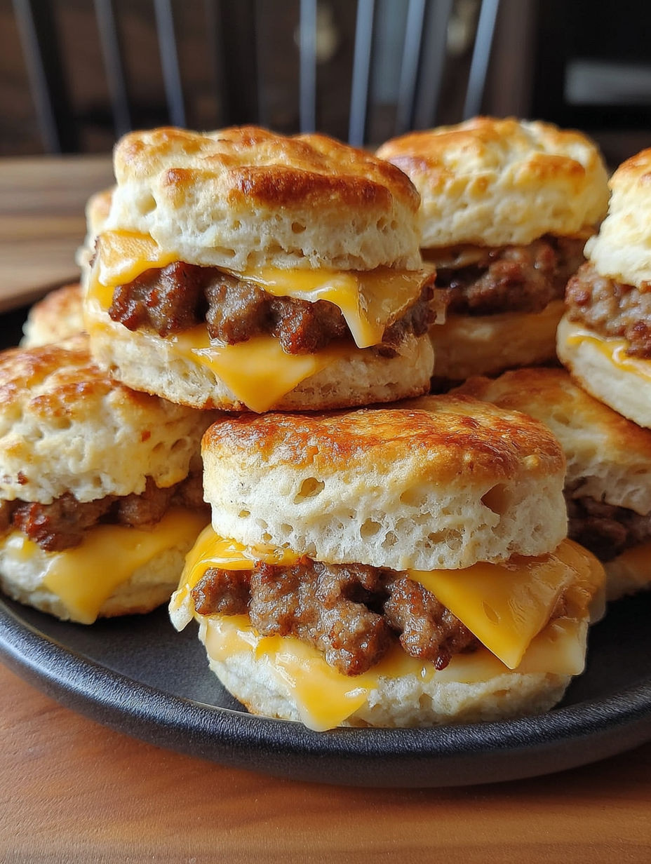 A plate of biscuits with sausage on top.