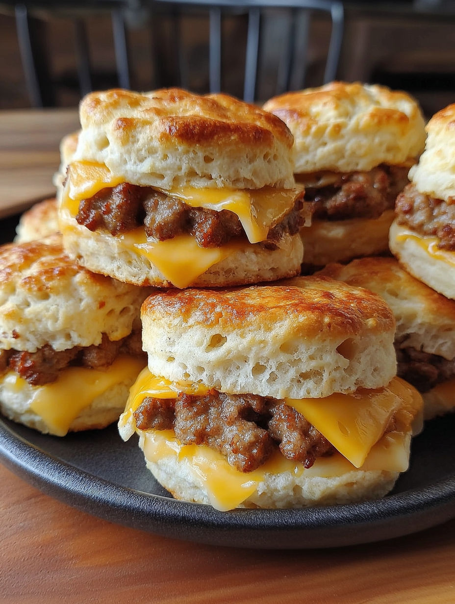 A plate of biscuits with sausage on top.