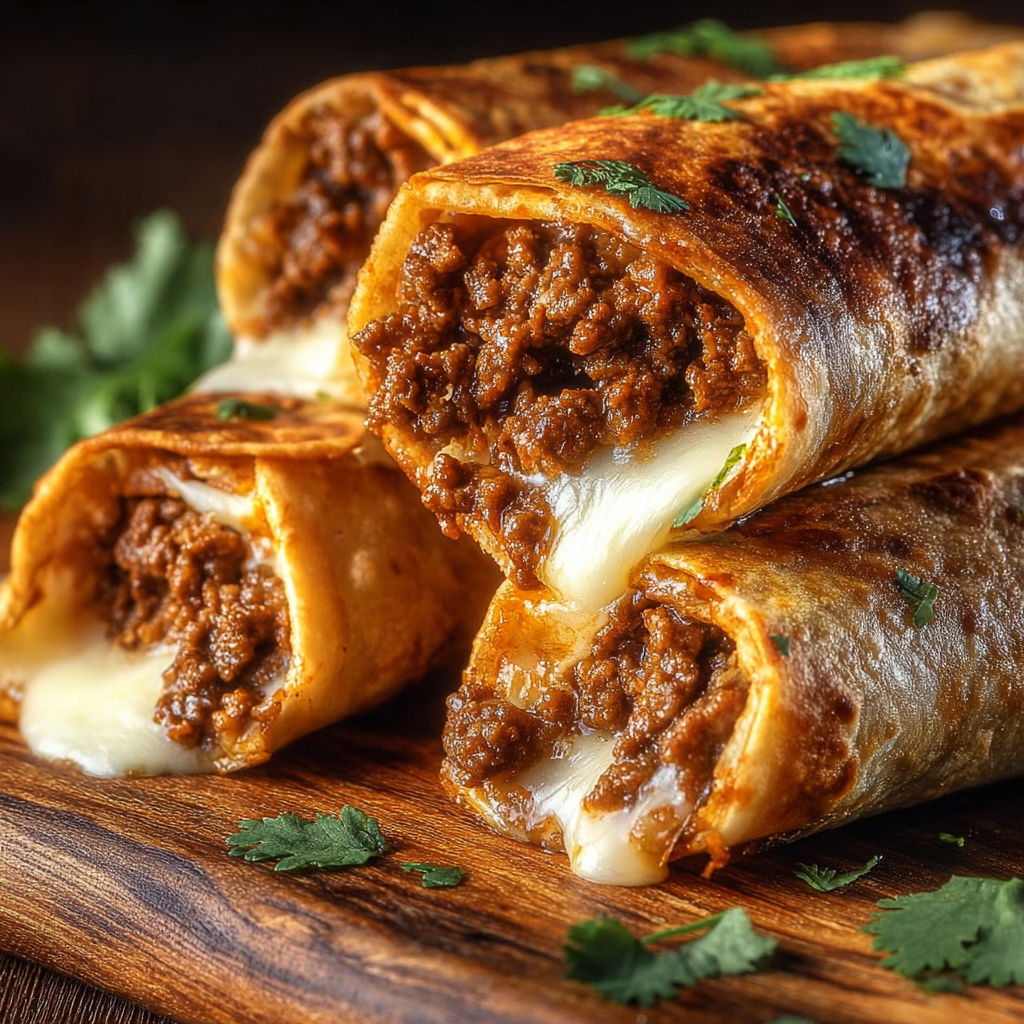 Crispy beef cheese chimichangas on a wooden table.