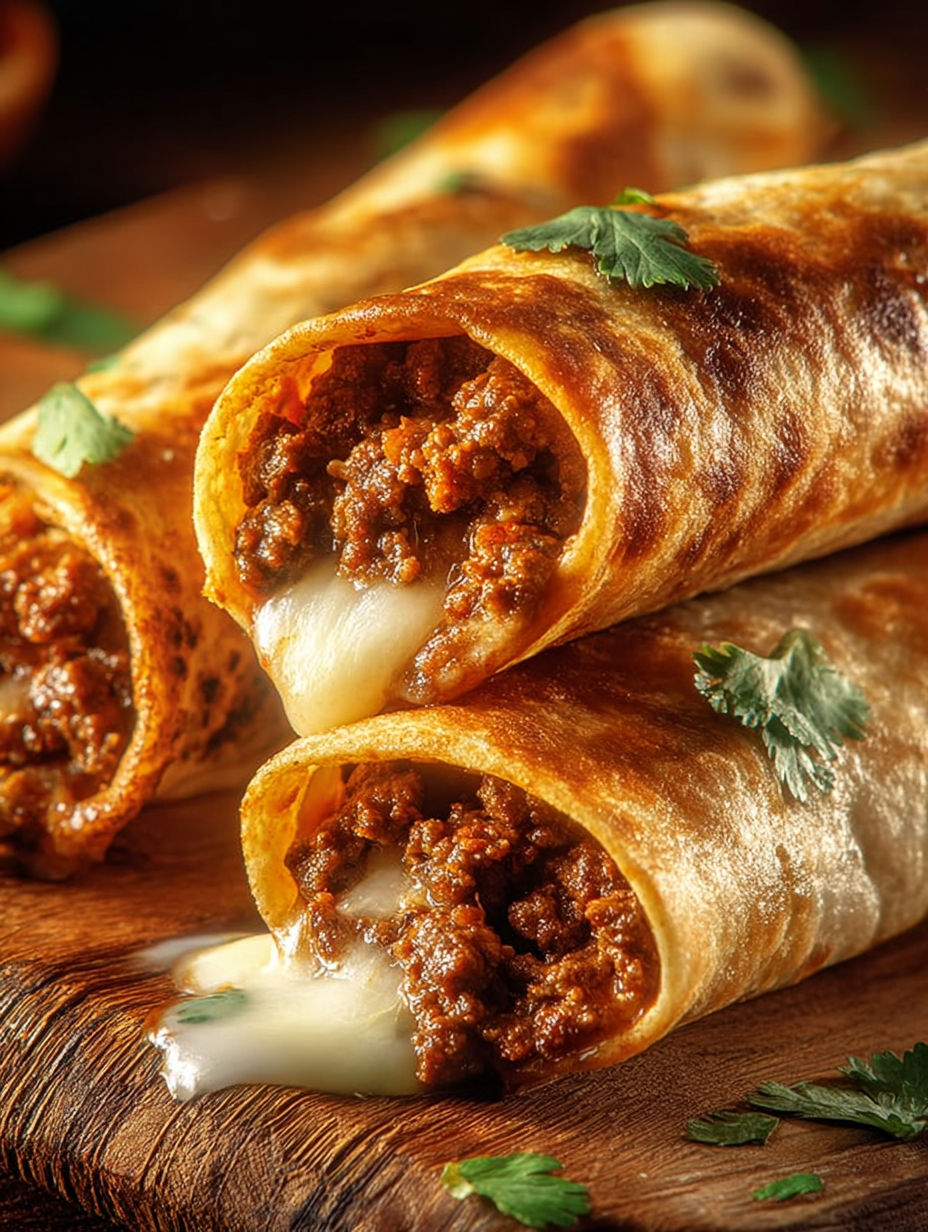 Crispy beef cheese chimichangas on a wooden table.