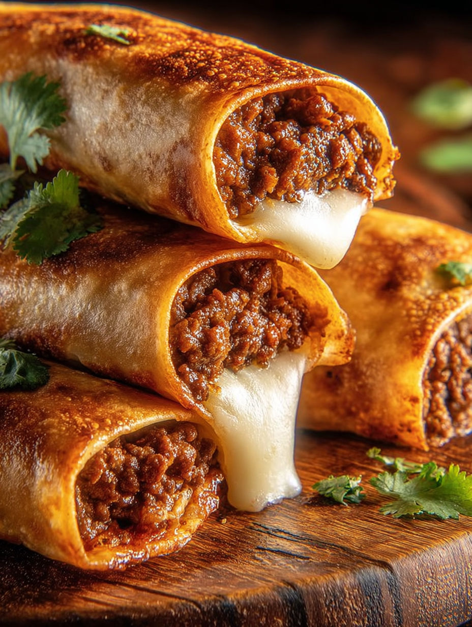 A stack of crispy beef cheese chimichangas.