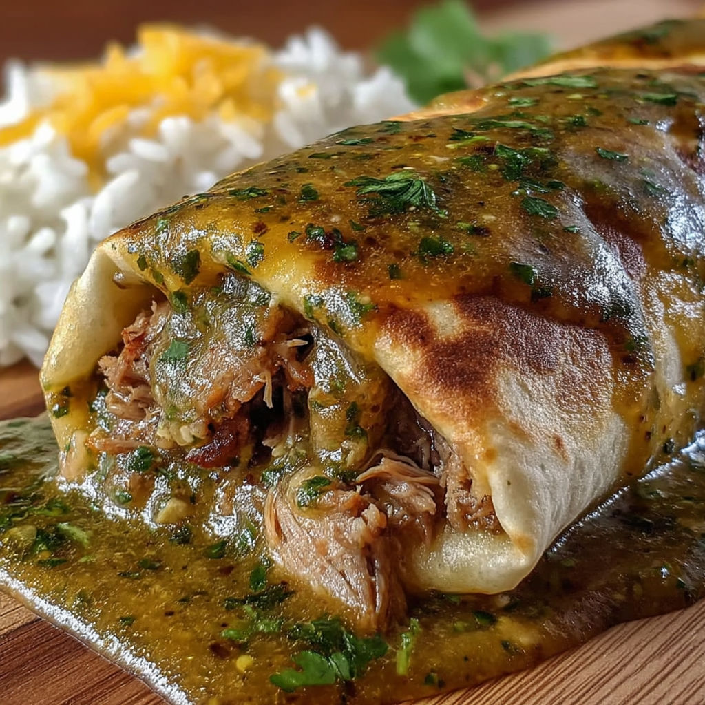 A Chili Verde Hatch Burrito with meat and sauce.