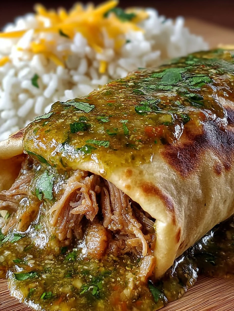 A chili verde hatch burrito with rice on the side.