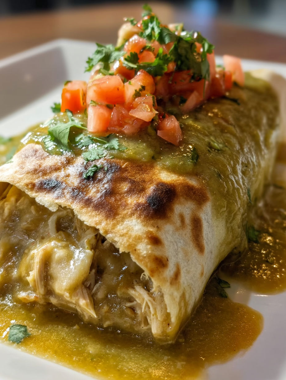 A Chili Verde Hatch Burrito with tomatoes and lettuce on top.