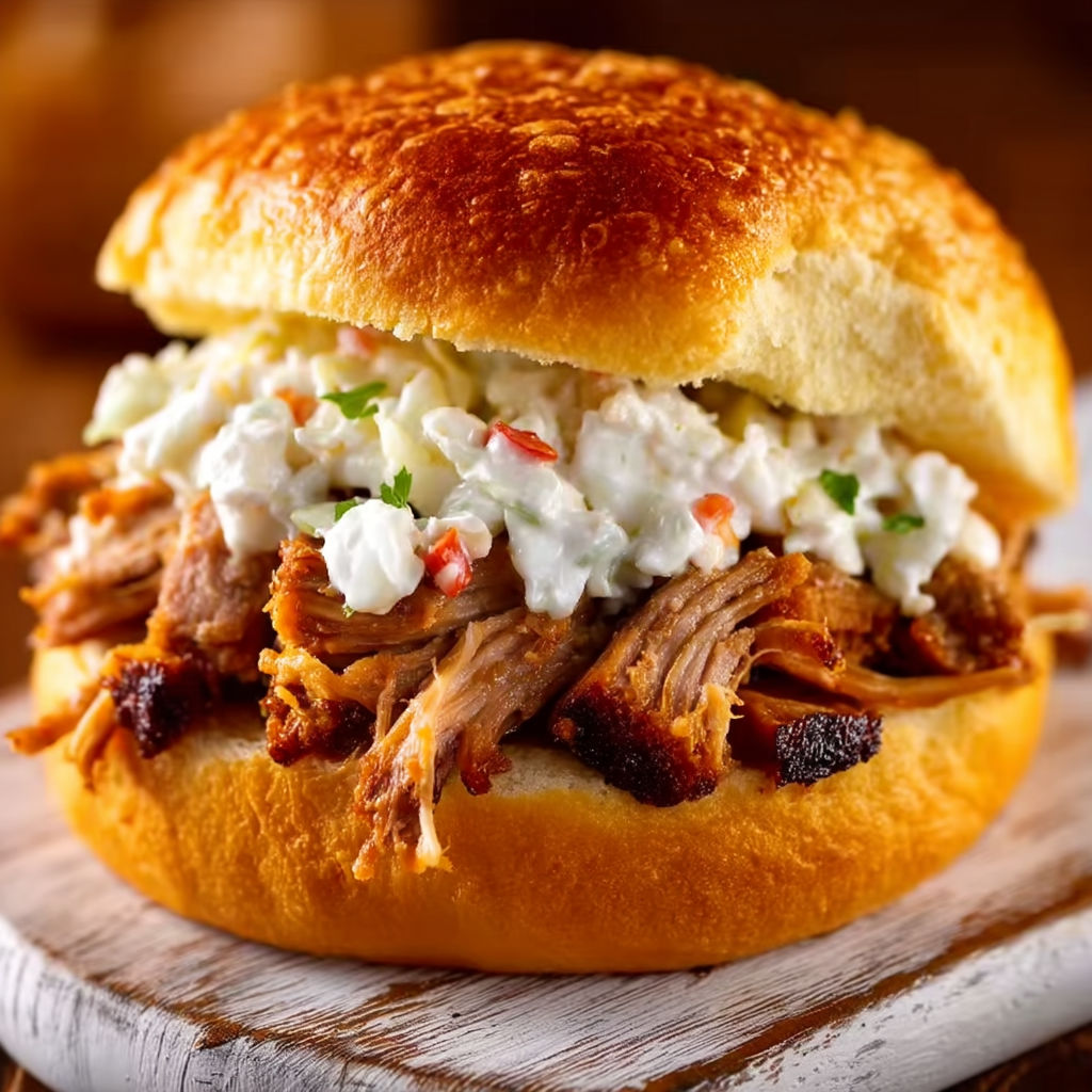 A sandwich with pulled pork and coleslaw.