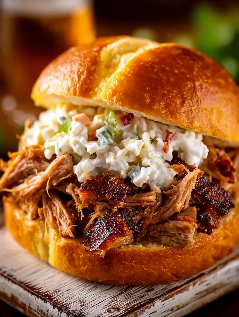 A close up of a pulled pork sandwich.