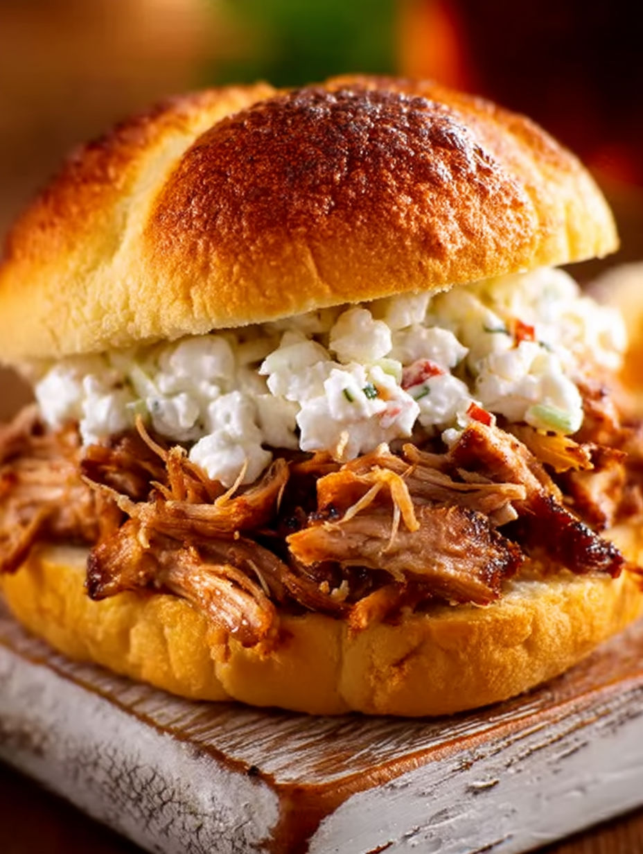 A sandwich with pulled pork and coleslaw.