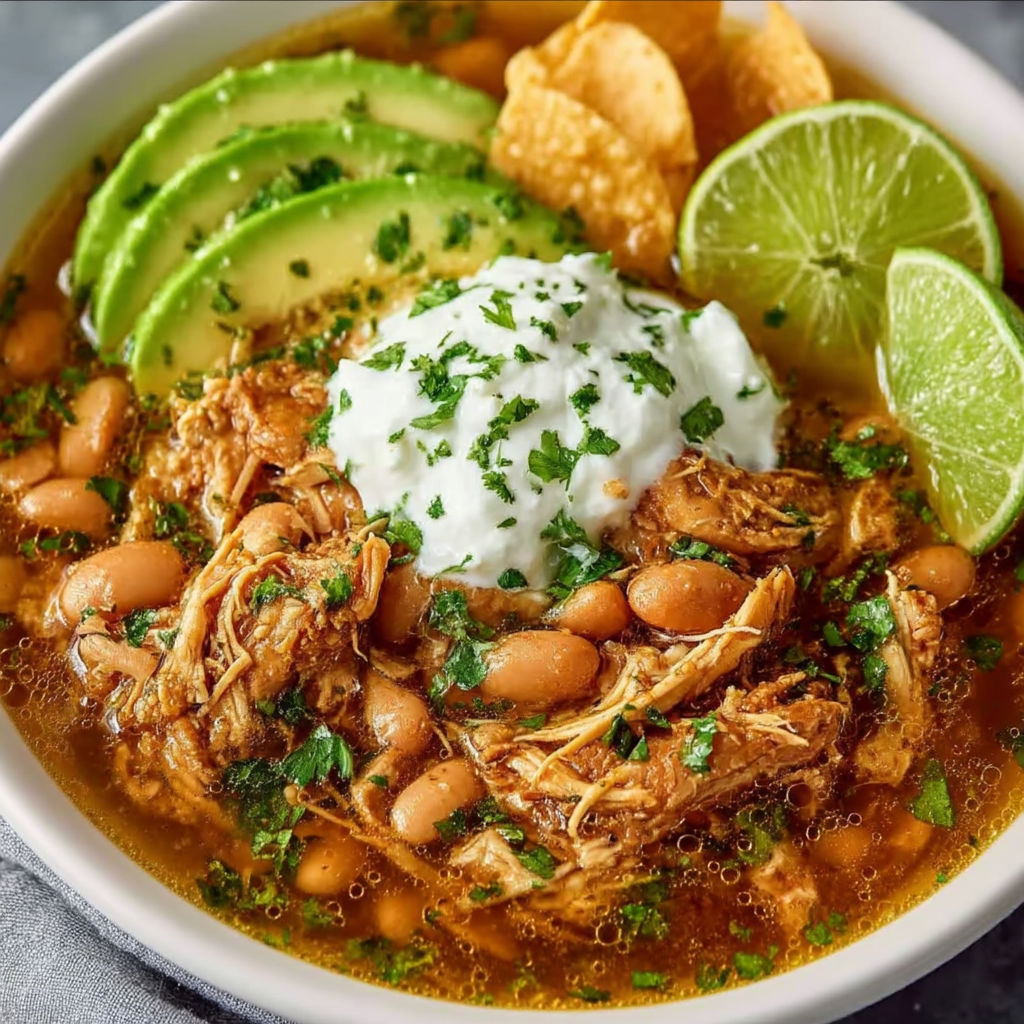 A bowl of chili with white cheese and lime wedges.