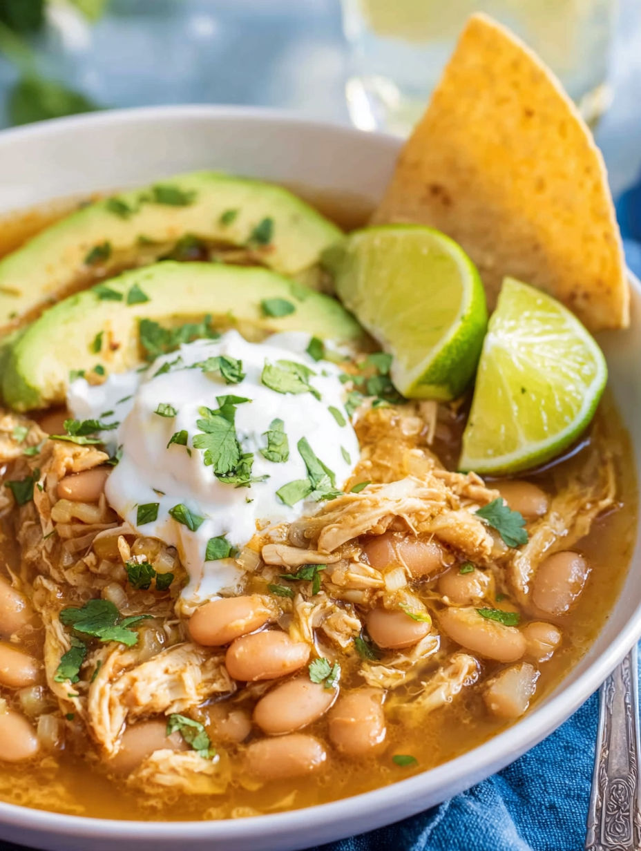 A bowl of chili with a dollop of sour cream and a side of chips.