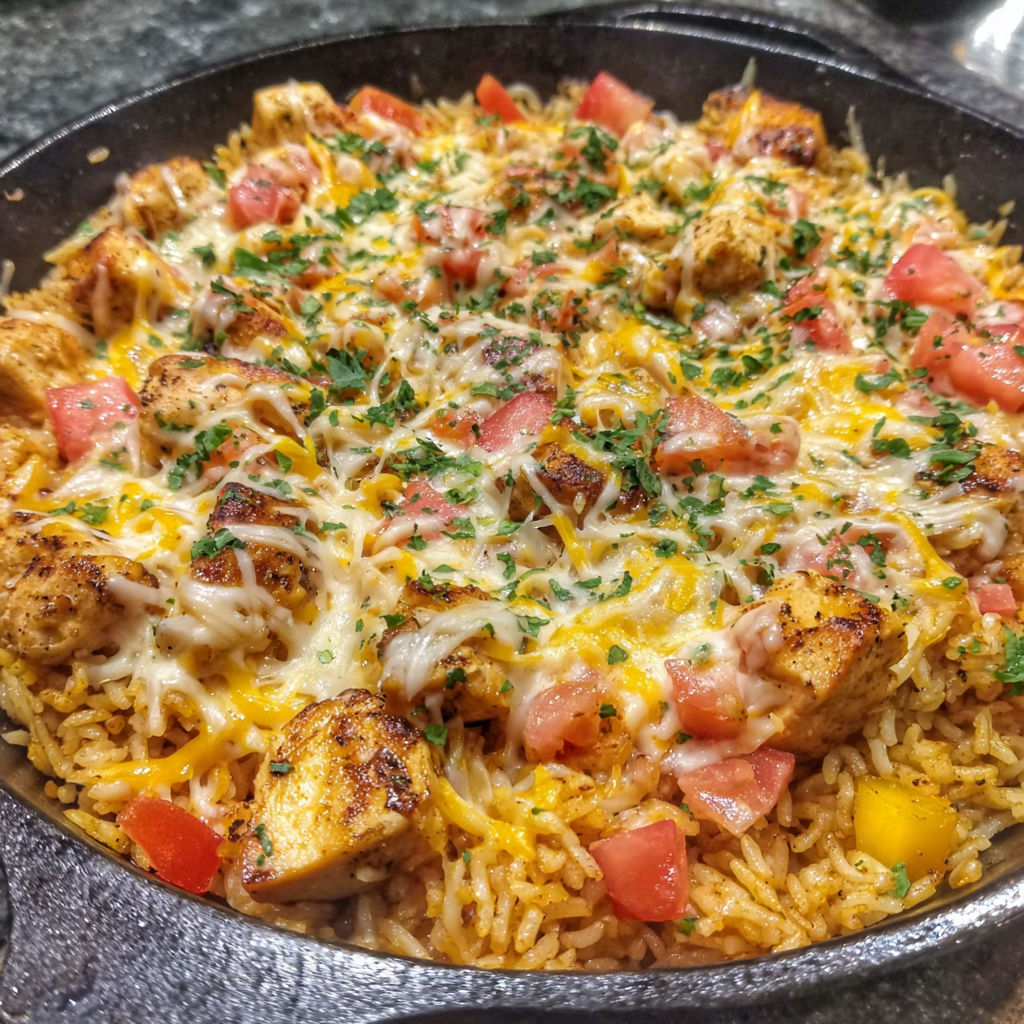 A delicious meal of chicken, rice, and tomatoes.