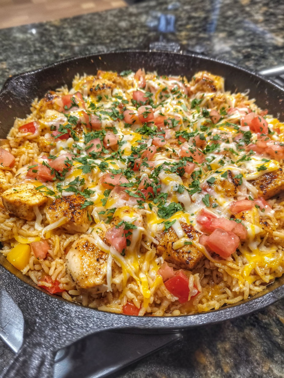 A pan of rice, chicken, tomatoes, and cheese.