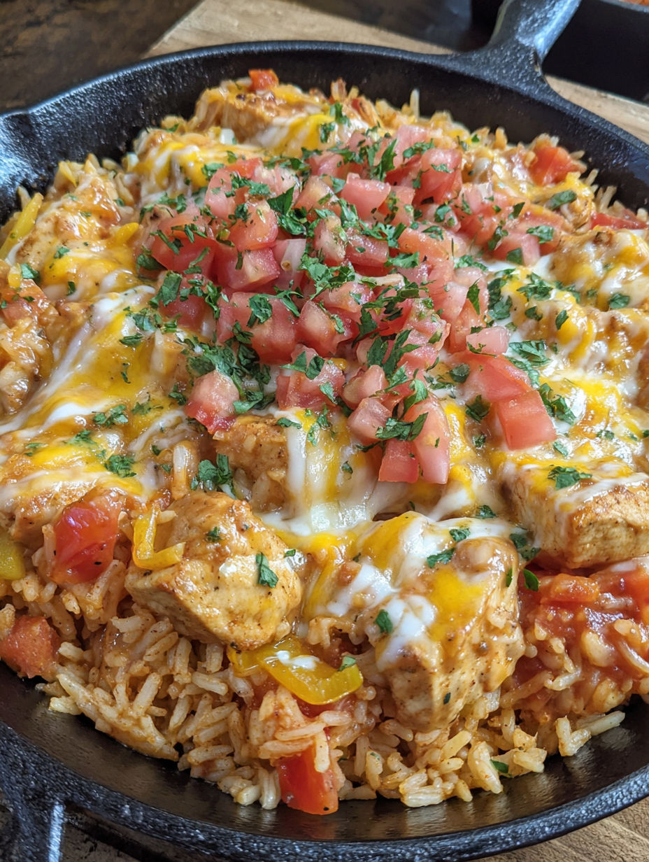 A plate of food with rice, chicken, tomatoes, and cheese.