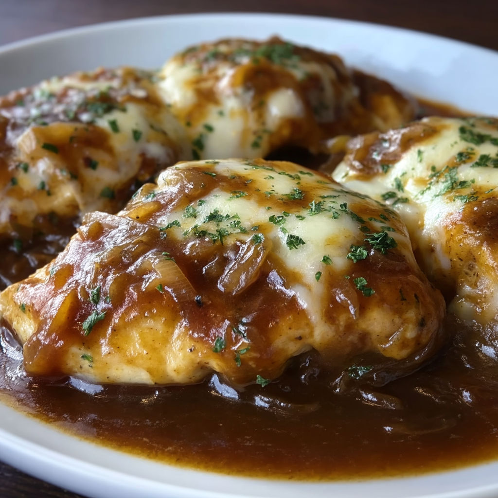 A plate of French Onion Chicken Gravy.