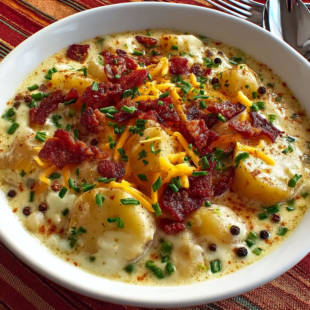 A bowl of soup with bacon and cheese.