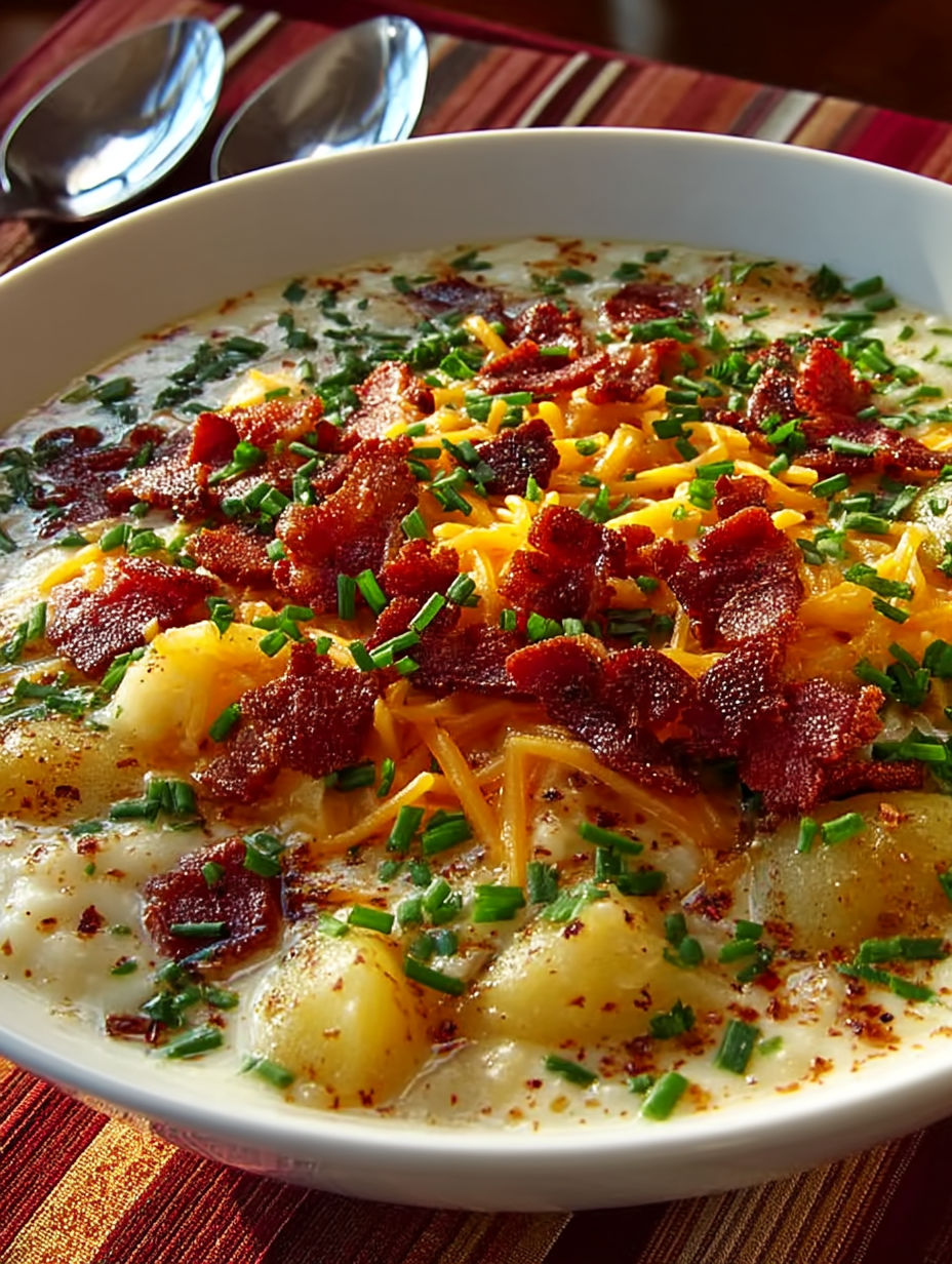 A bowl of soup with bacon and cheese.
