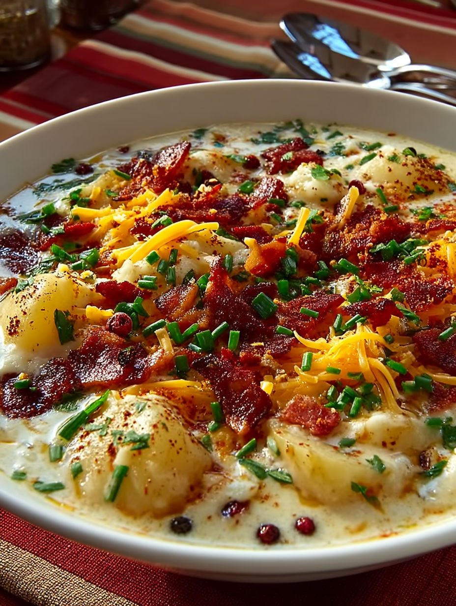 A bowl of soup with bacon and cheese.