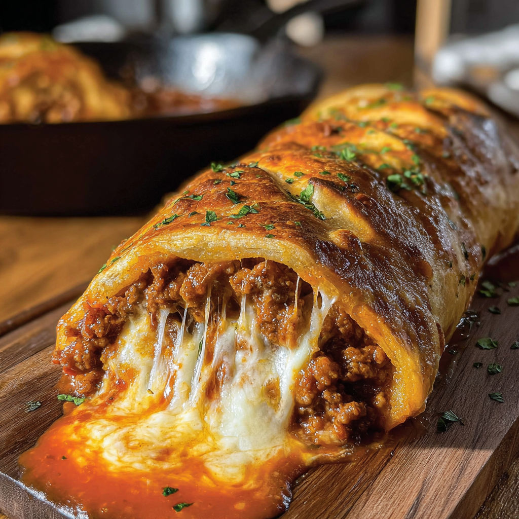 A cheesy sloppy joe stromboli on a wooden table.