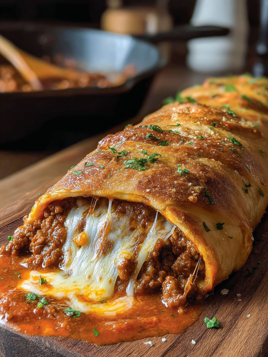 A cheesy sloppy joe stromboli on a wooden cutting board.