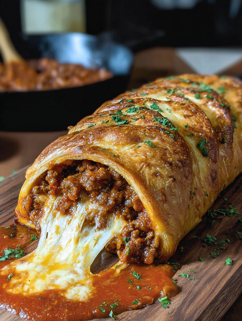 A cheesy sloppy joe stromboli on a wooden cutting board.