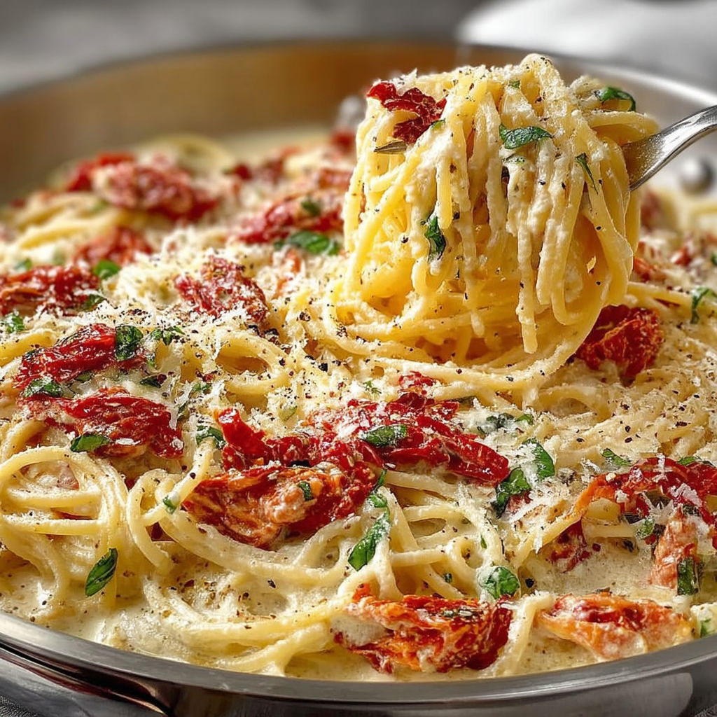 A bowl of pasta with red peppers and cheese.
