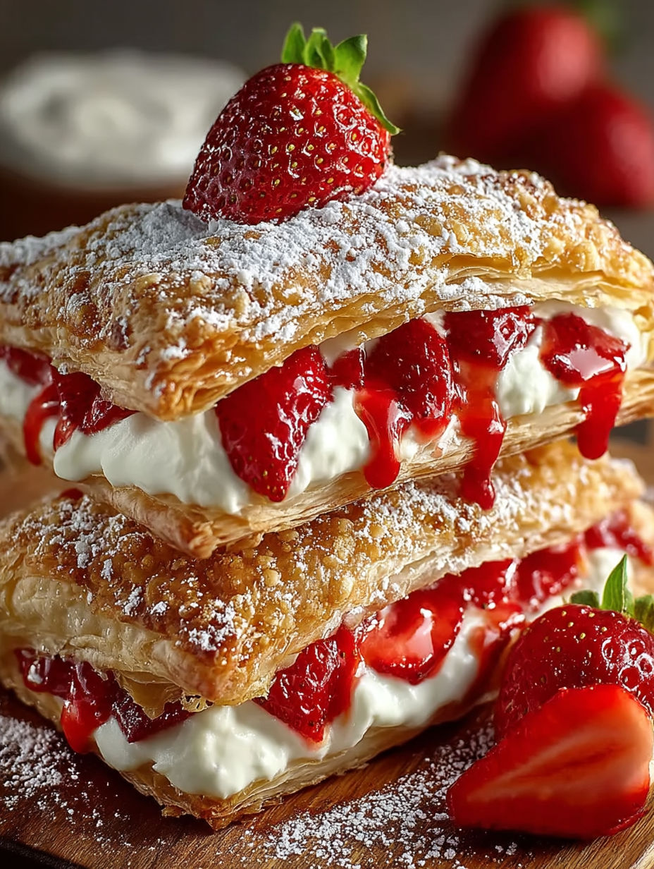 Strawberry cheesecake turnovers with white whipped cream.