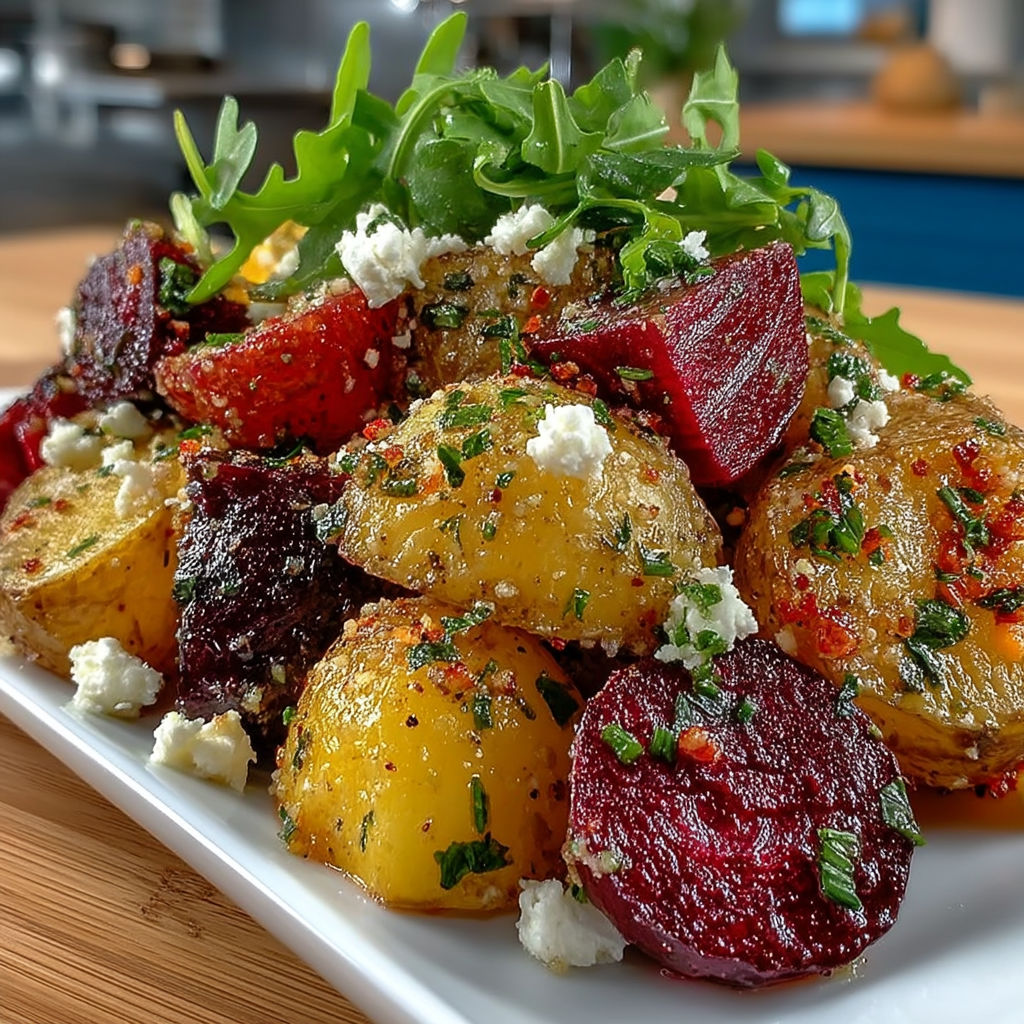 A plate of food with a salad of beets and potatoes.