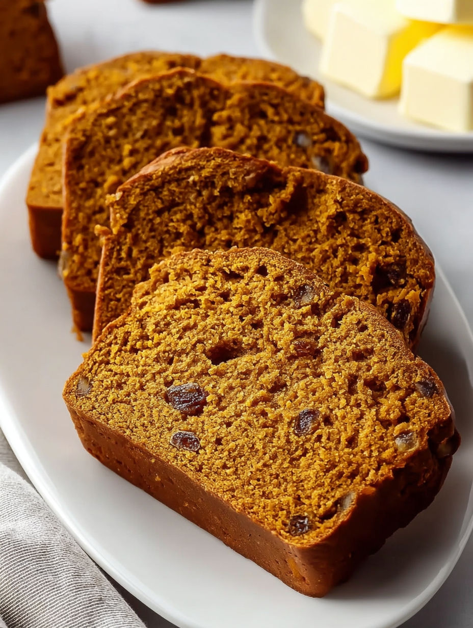 A plate of moist spiced sweet potato bread.
