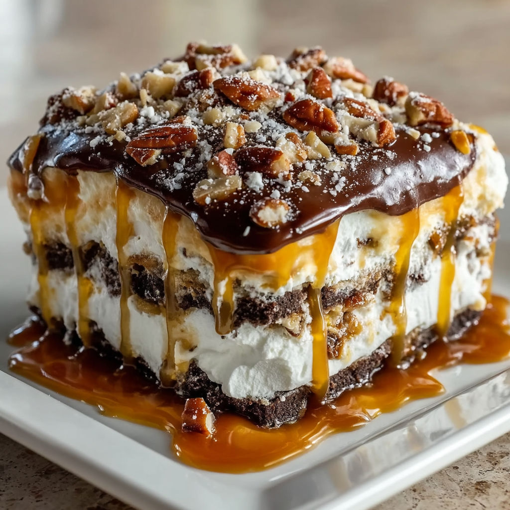 A close up of a cake with caramel drizzled on top.