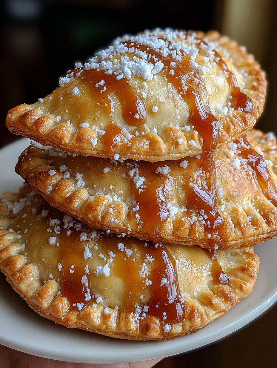 Golden air fryer apple pies with caramel sauce.