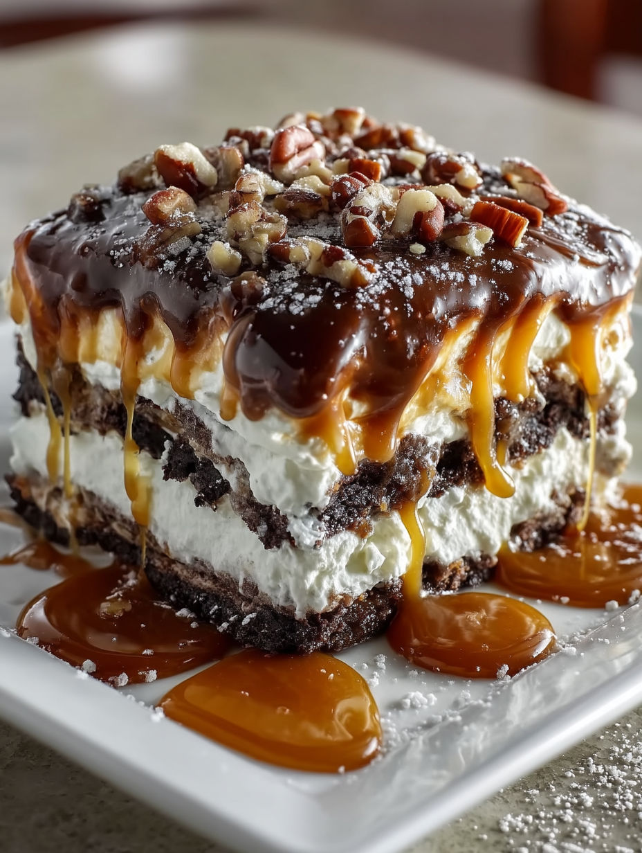 A layered dessert with caramel and nuts.