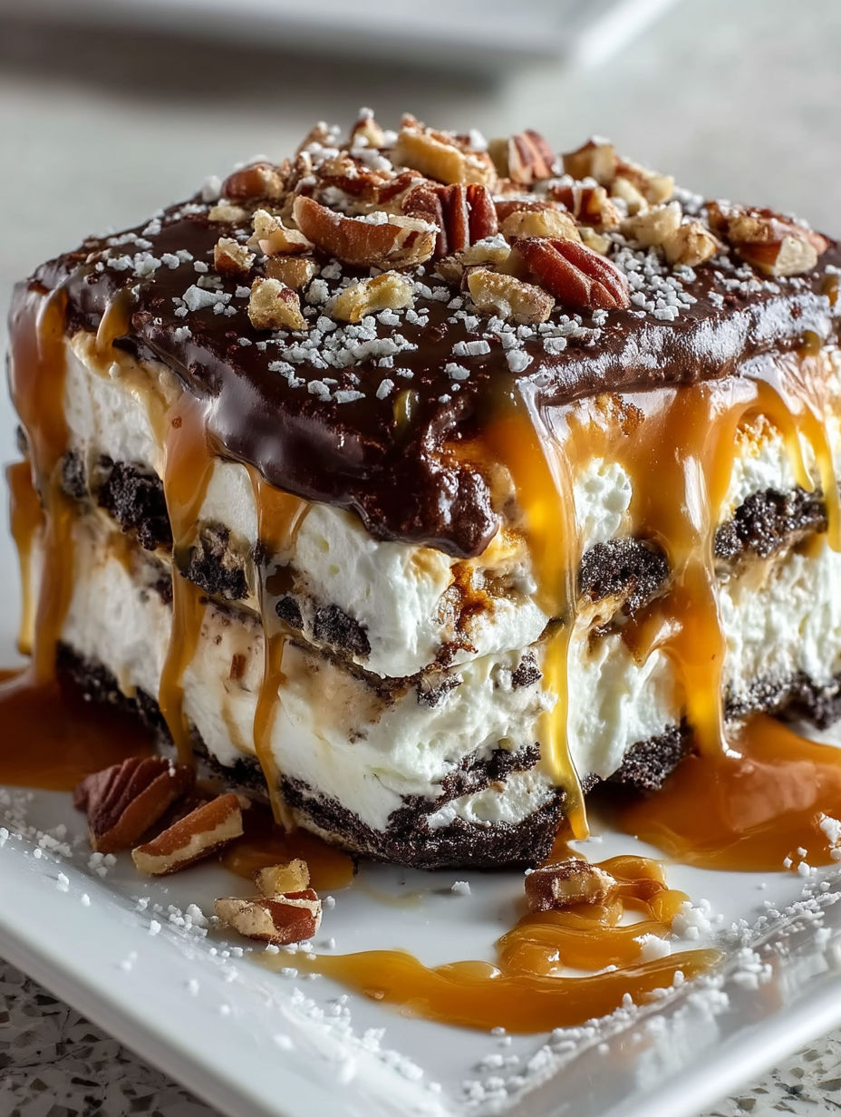 A close up of a delicious creamy turtle lasagna.