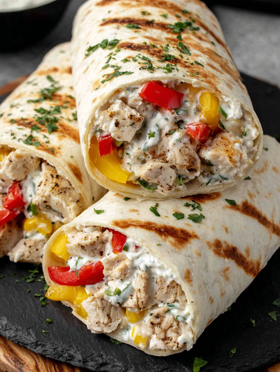 A delicious chicken and bell pepper wrap.