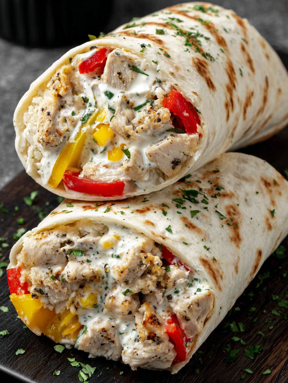 A chicken and pepper wrap with white sauce.