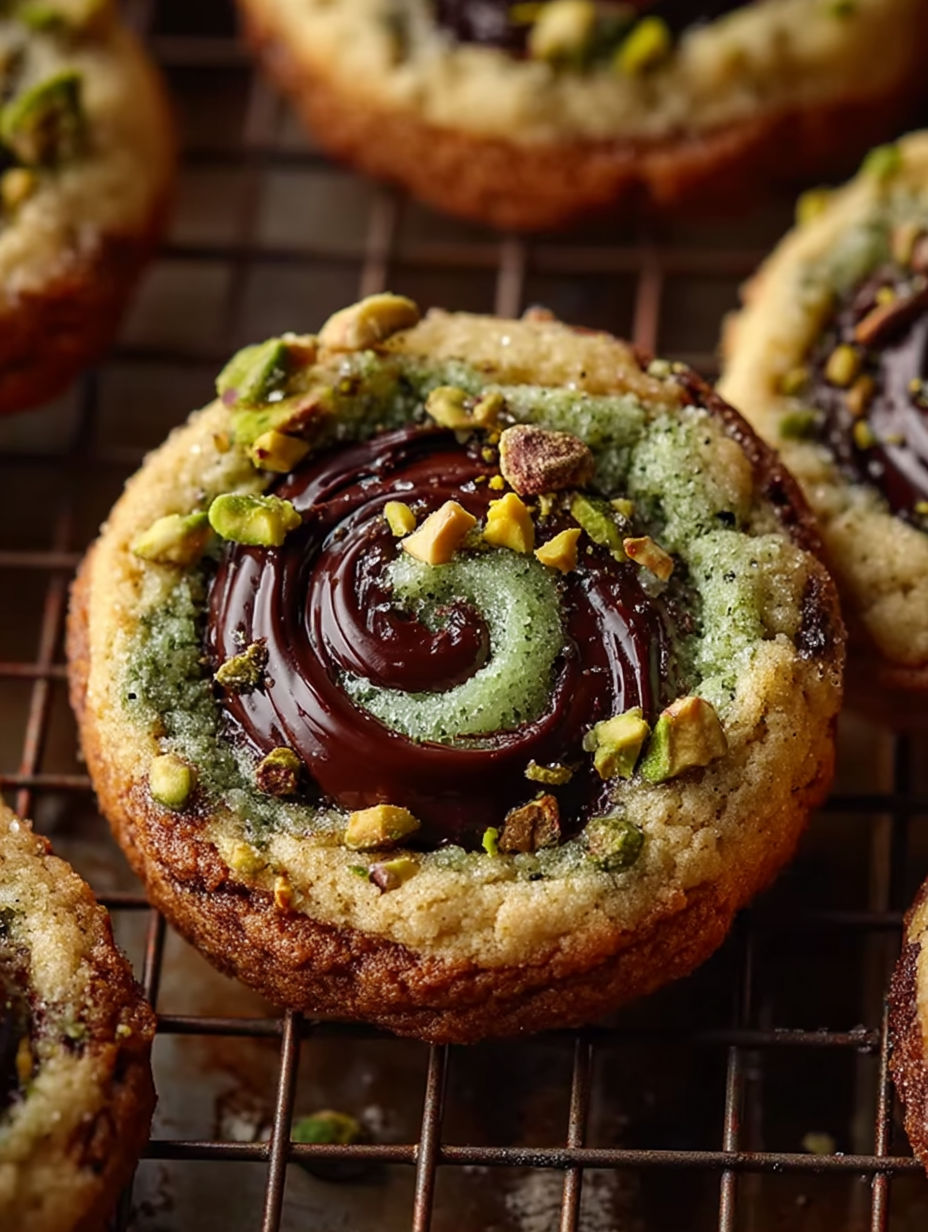 A close up of a chocolate chip cookie with a swirl of cream in the middle.